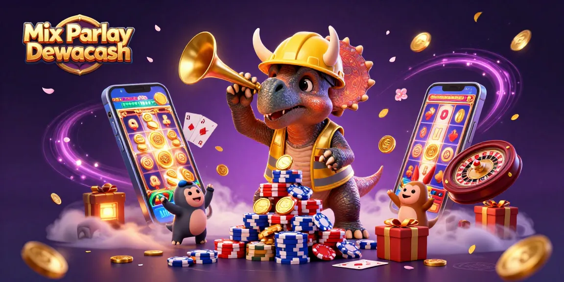 Mix Parlay Dewacash showcases a triceratops, casino elements, and festive celebration in 3D.
