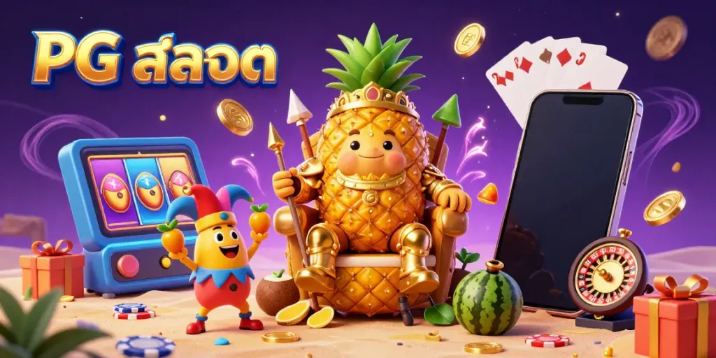 Engage with PG สล็อต by exploring vibrant slot games and characters in a rich casino scene.