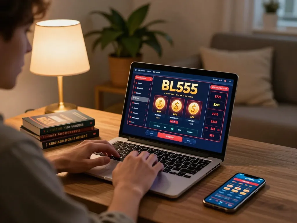 Player engaging with the BL555 online casino on a laptop, showcasing responsible gaming in a cozy home setting.