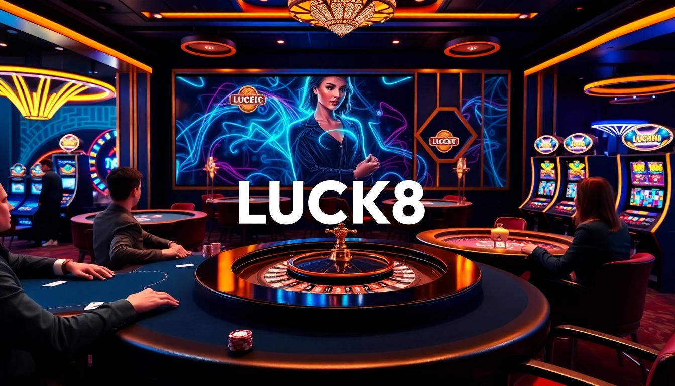 Players enjoying a high-stakes game experience at LUCK8 online casino, surrounded by vibrant gaming elements.
