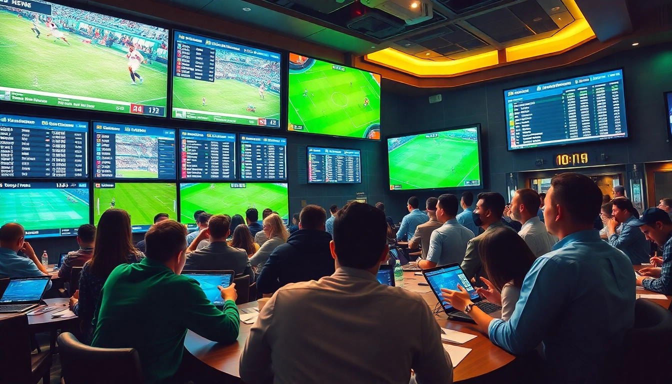 Exciting betting scene showcasing real-time kèo nhà cái 5 odds with enthusiastic bettors in a modern lounge.