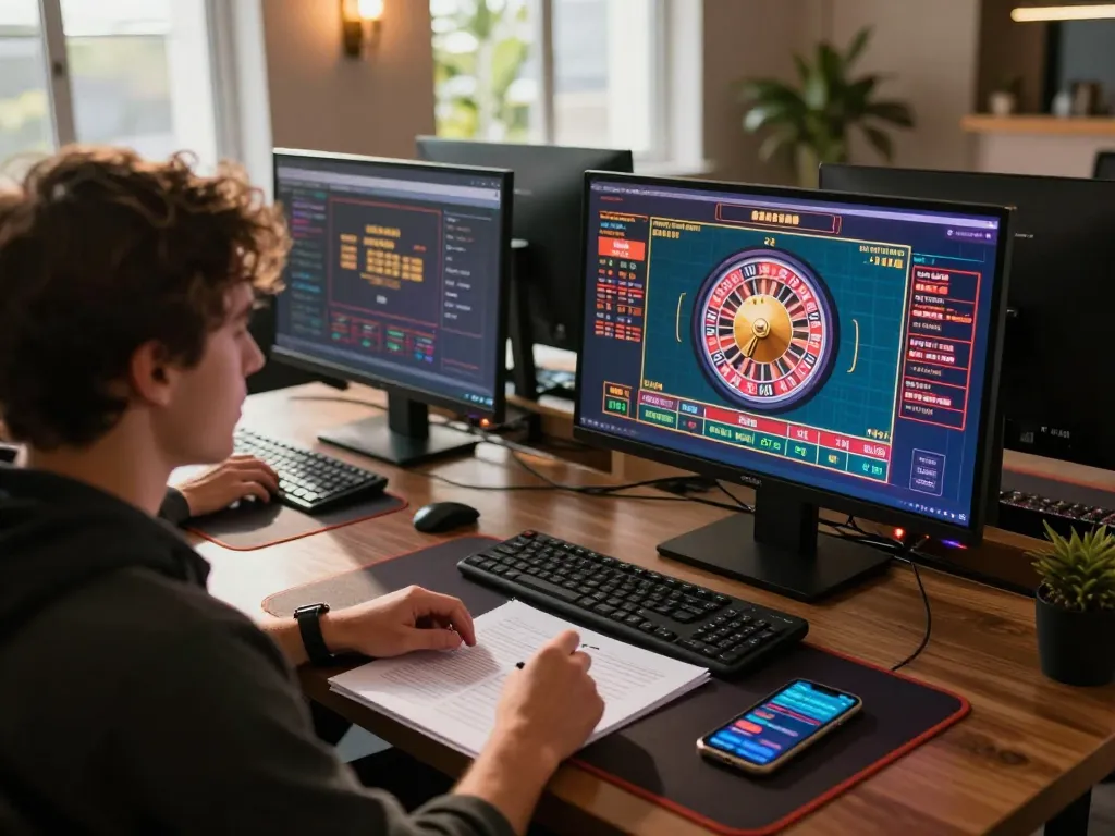 Terlibat dalam permainan online dengan beberapa layar yang menampilkan aksi kasino di https://www.goldleafrestaurant.com/wp_glmain/ sambil menganalisis strategi.