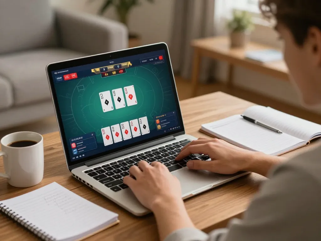 Pemain Bintangmpo berpartisipasi dalam permainan poker online, menunjukkan fokus dan strategi di lingkungan rumah
