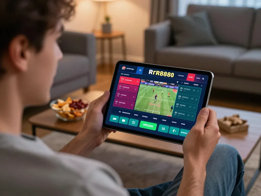 Engaging online betting experience at https://rr888.shopping/ showcasing a person using a tablet in a cozy living room.