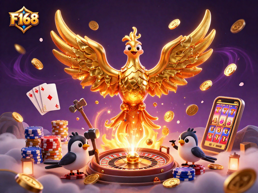Experience fortune with F168 as the golden phoenix and sparrow assistants unveil a dazzling casino scene.