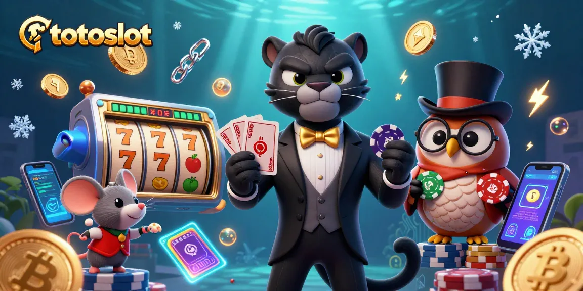 Engage with totoslot through a vibrant 3D casino scene with characters and crypto elements.