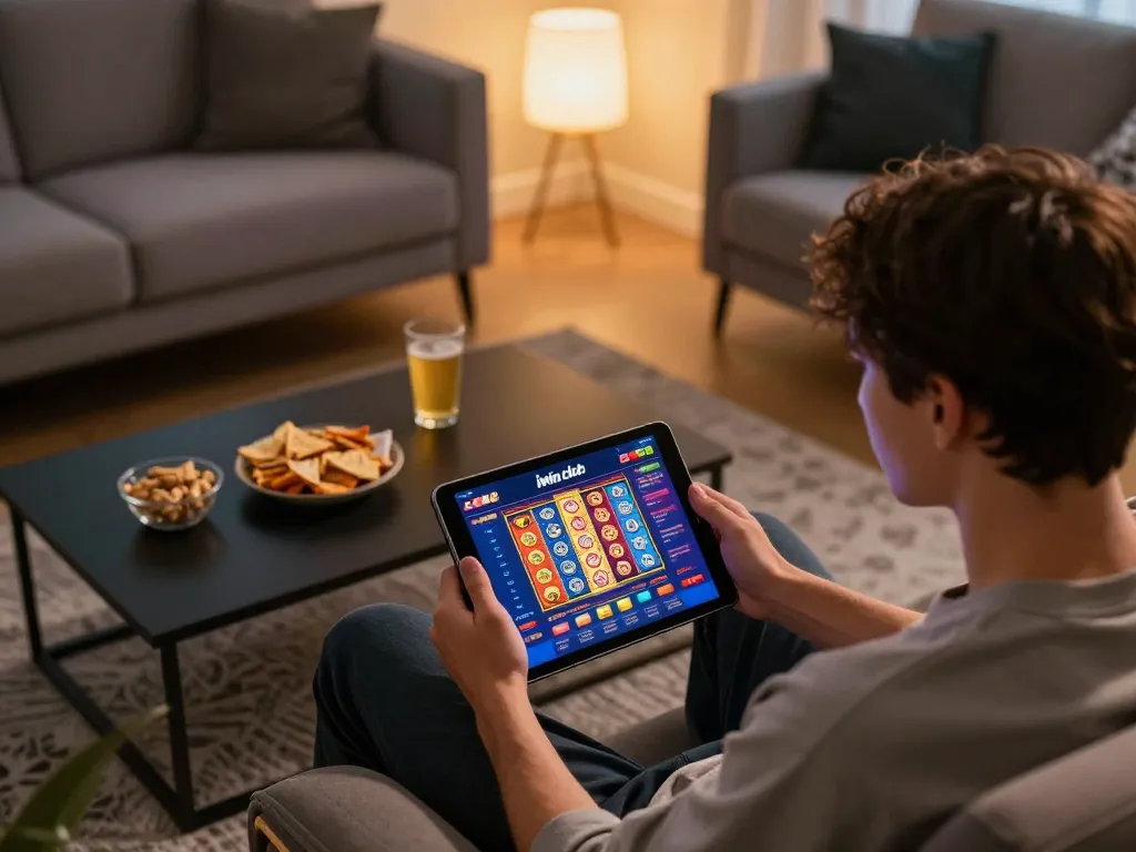 Engaged user enjoying the iwin club app on tablet in a cozy home setup, showcasing online gaming strategy.