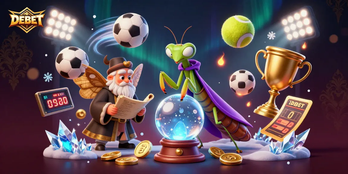 DEBET showcases a mystical scene with a fortune teller, moth librarian, and dynamic sports elements.