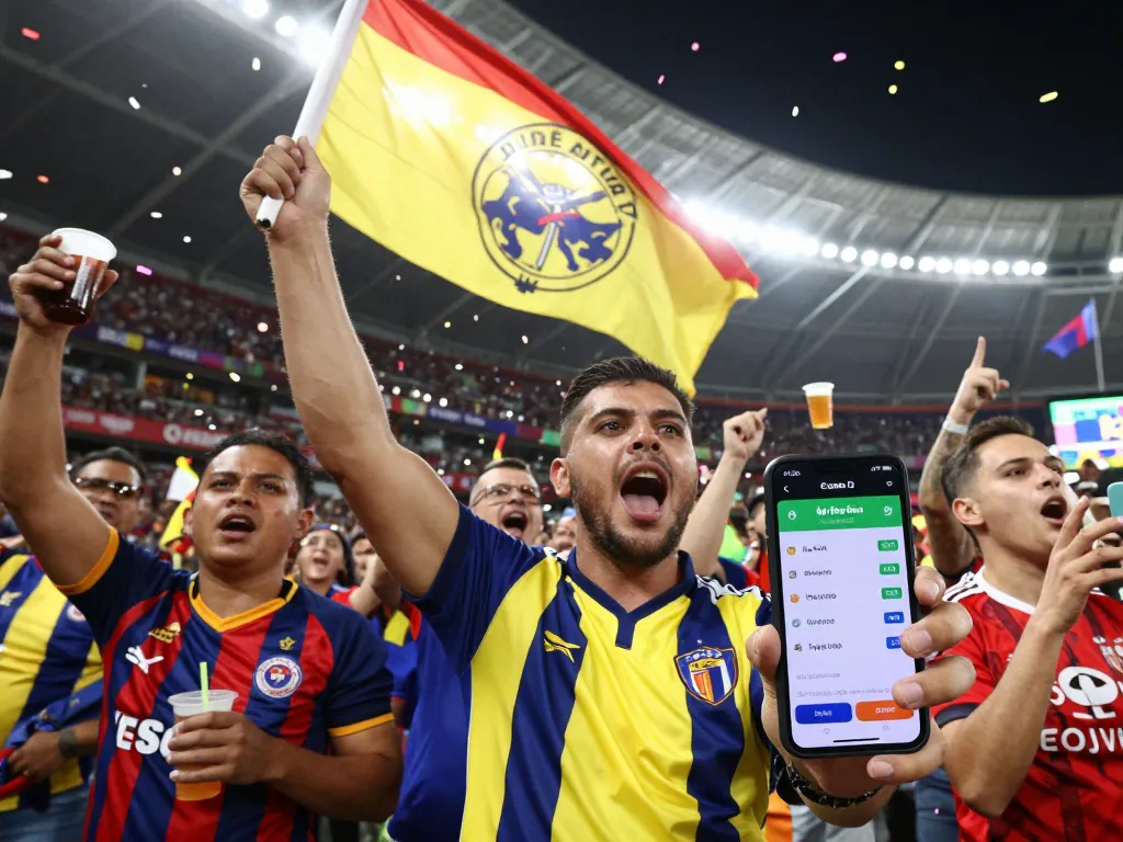 Excited football fan celebrating tỷ lệ kèo bóng đá in a vibrant stadium.