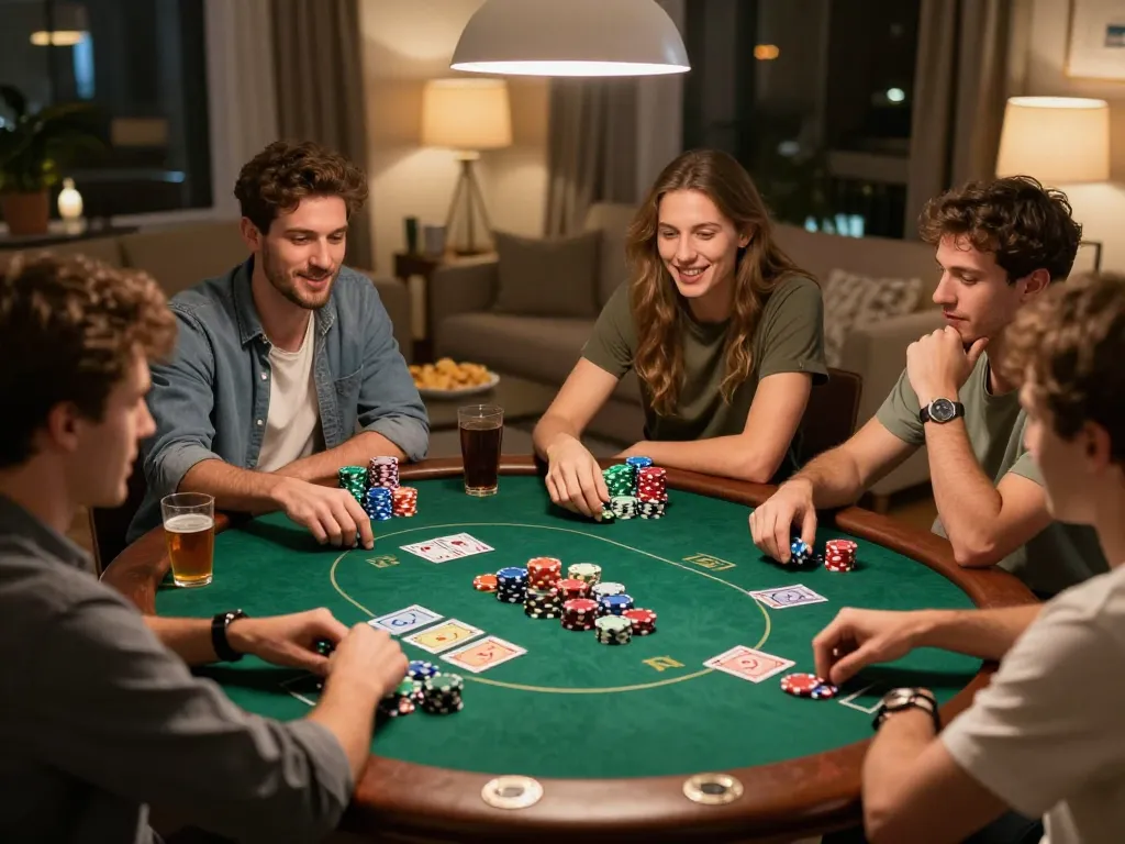 Players enjoy poker during a friendly night, featuring Canada online casinos themed decor on the table.