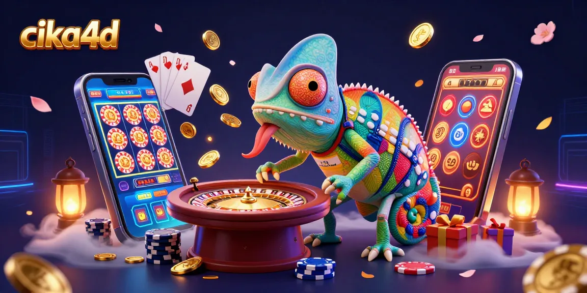 Experience the excitement of cika4d with a playful chameleon casino owner amidst vibrant gaming elements.