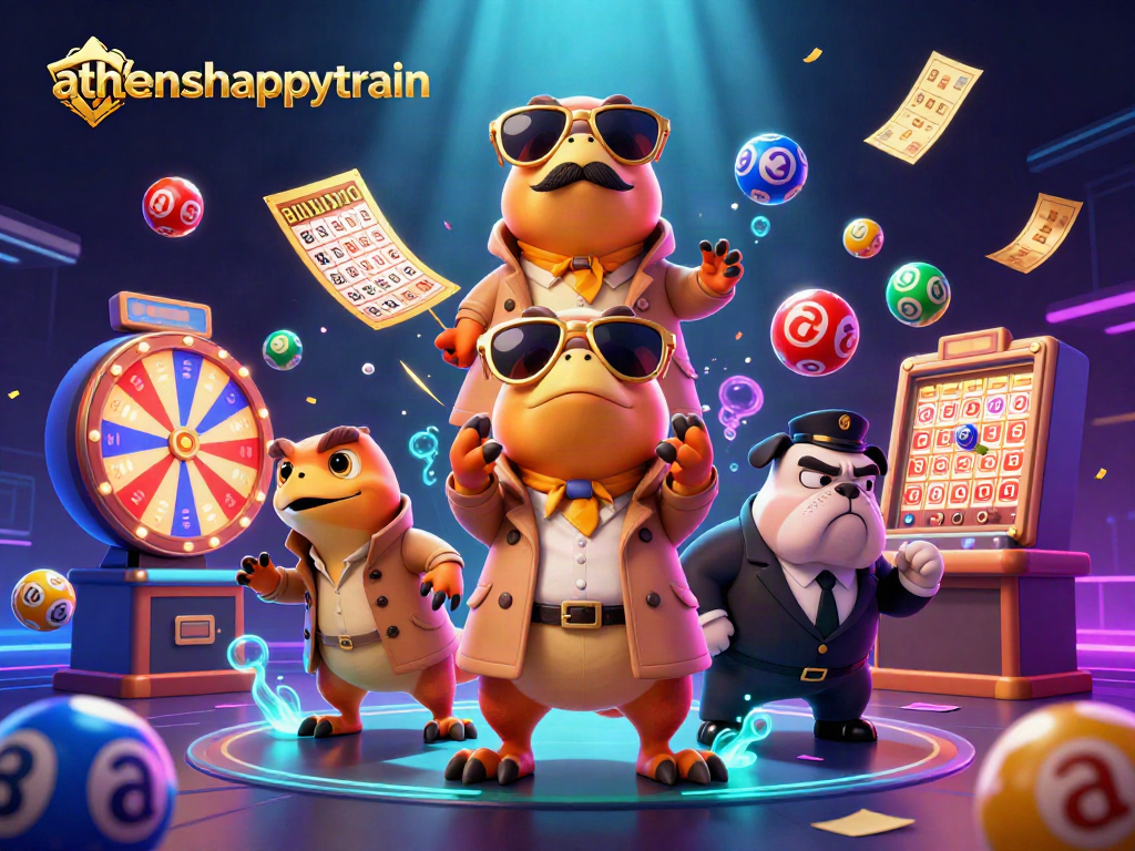 Engage with athenshappytrain's thrilling casino scene featuring raptors, lottery elements, and a bulldog.