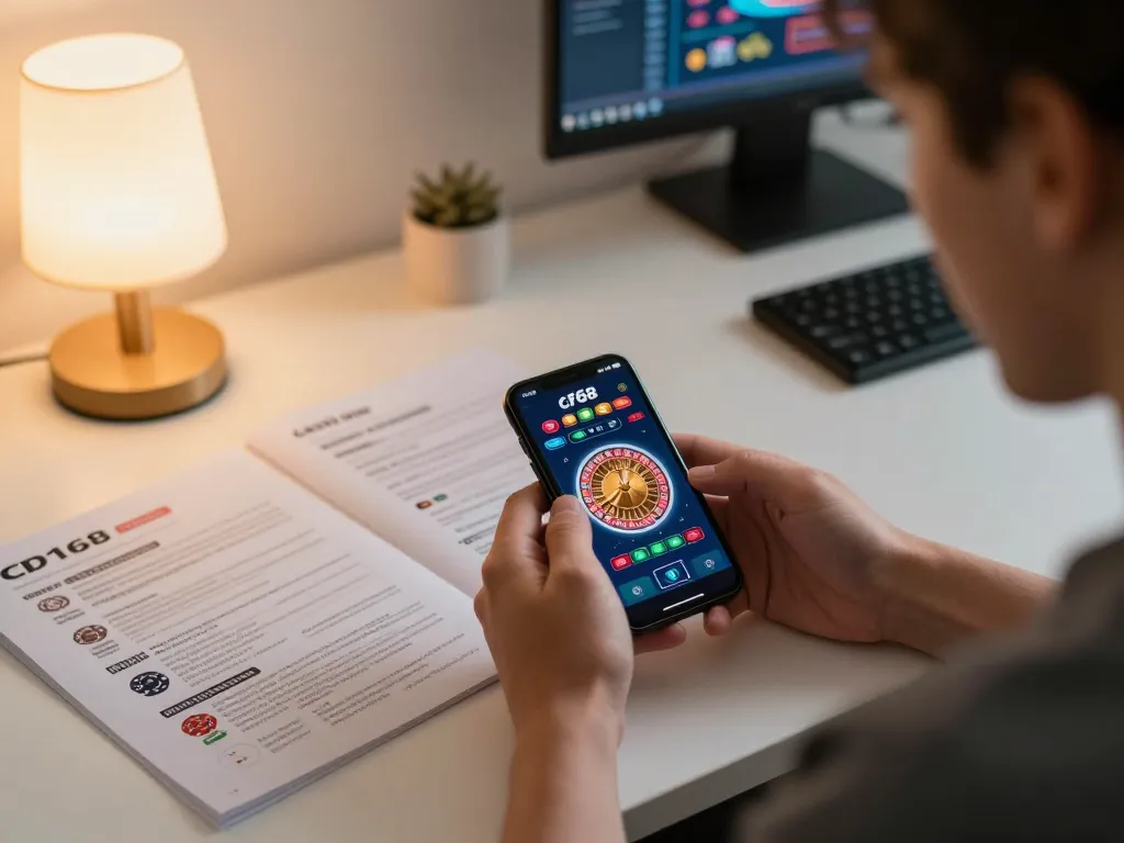 Player engaging with the cf68 mobile app, enjoying a vibrant roulette game in a cozy environment.