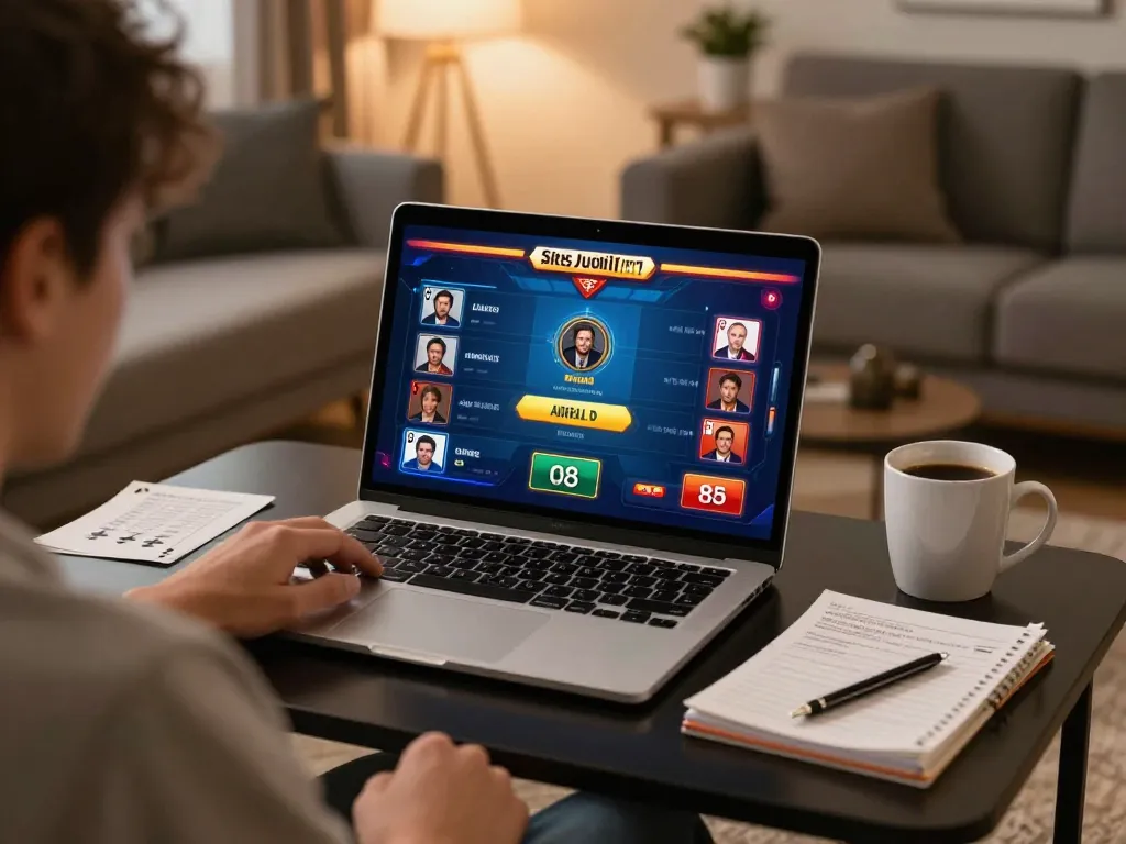 Pemain terlibat dalam permainan poker Situs Judi Online di rumah, menampilkan setup permainan modern dan catatan strategi.