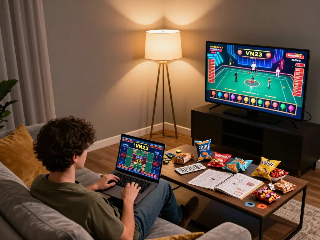 Engaging in strategic gameplay on VN23 from a comfortable home setting, showing a laptop with live gaming interface