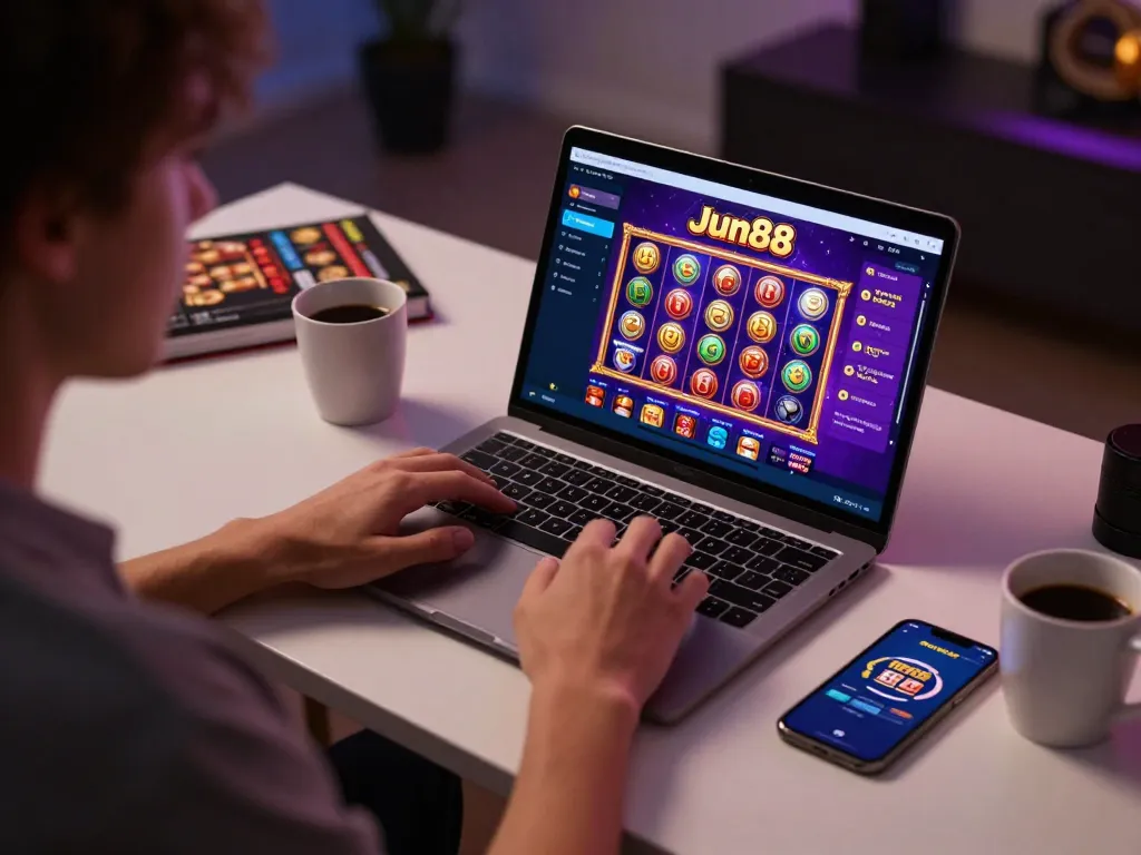 Engaging with Jun88 casino app on a laptop, showcasing vibrant slot game graphics in a cozy home setting.