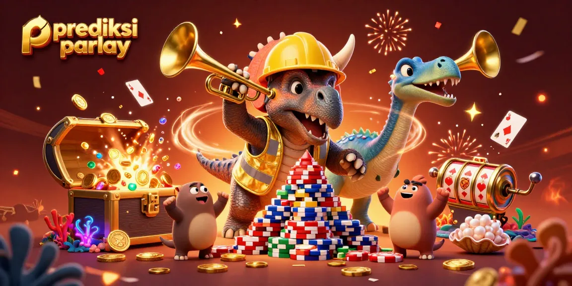Experience stunning prediksi parlay strategies with vibrant casino elements and cartoon characters celebrating victory.