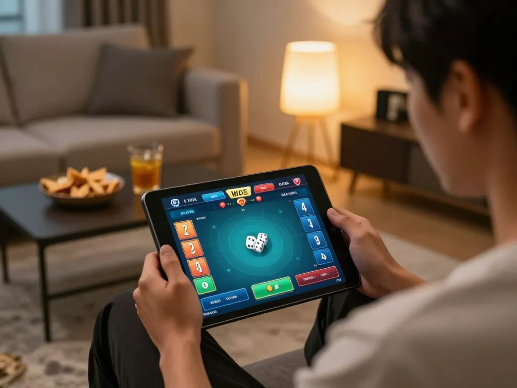 Engaging in Tài Xỉu MD5 gameplay on a tablet in a cozy home setting, highlighting modern gaming experience.