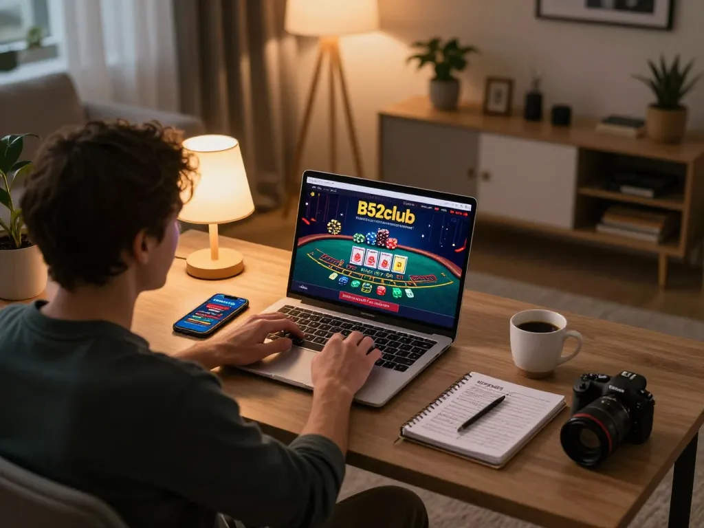 B52club player engaging with an online blackjack game on a laptop in a cozy home setting