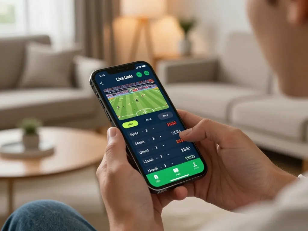 Engaging in sports betting through a smartphone app showcasing ทางเข้า m112 and live odds in a modern setting.