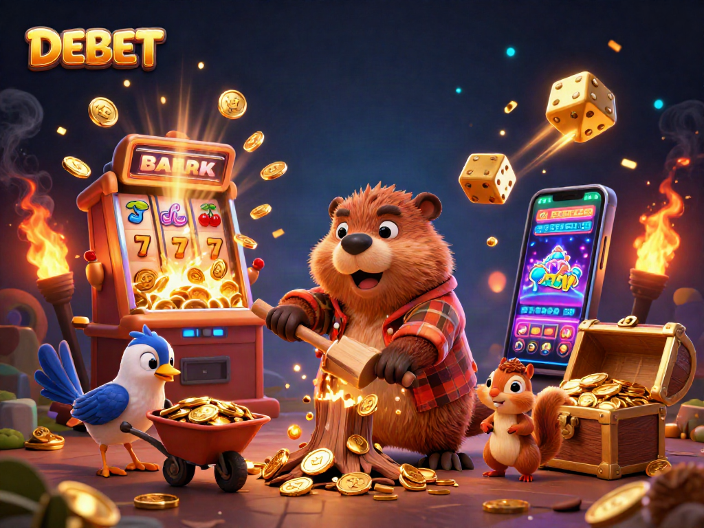 DEBET showcases an exciting casino scene with animated characters collecting coins amidst vibrant slot machines.