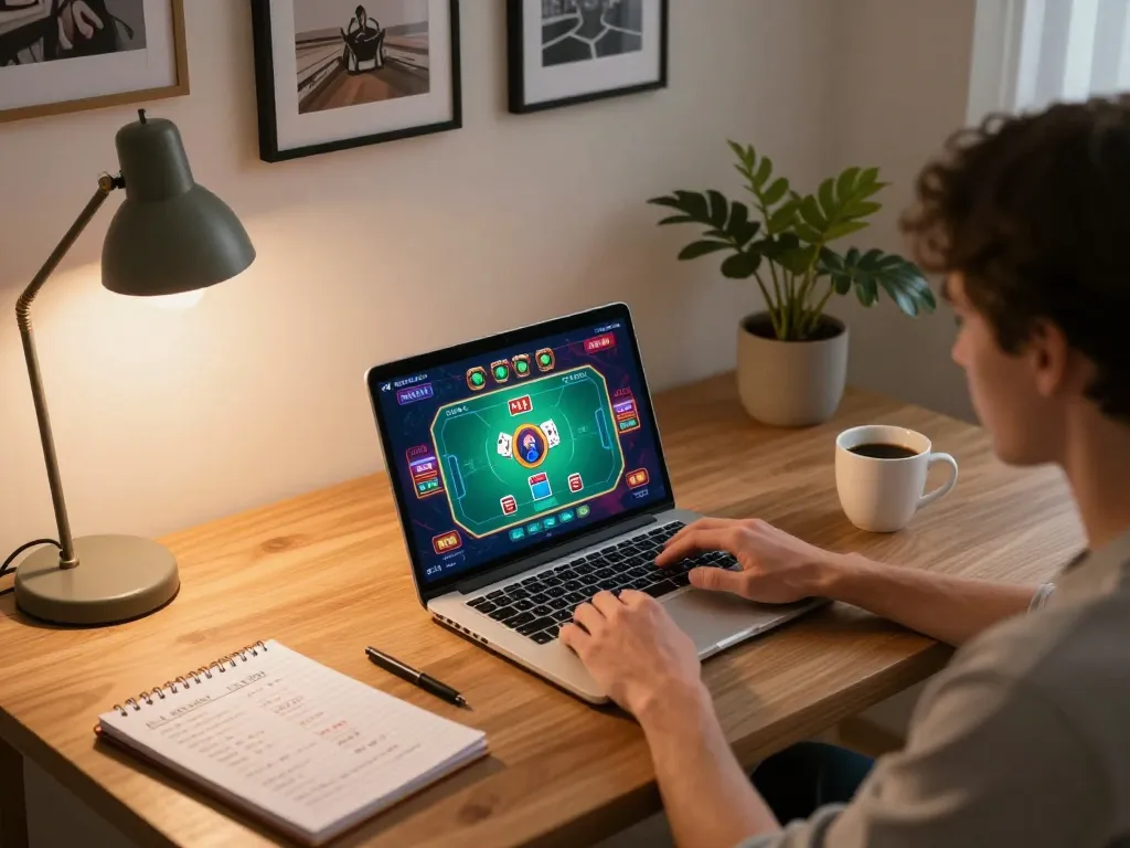 Engage in online gaming at https://tairikvip.co with a cozy setup, showcasing exciting poker play and strategic planning.