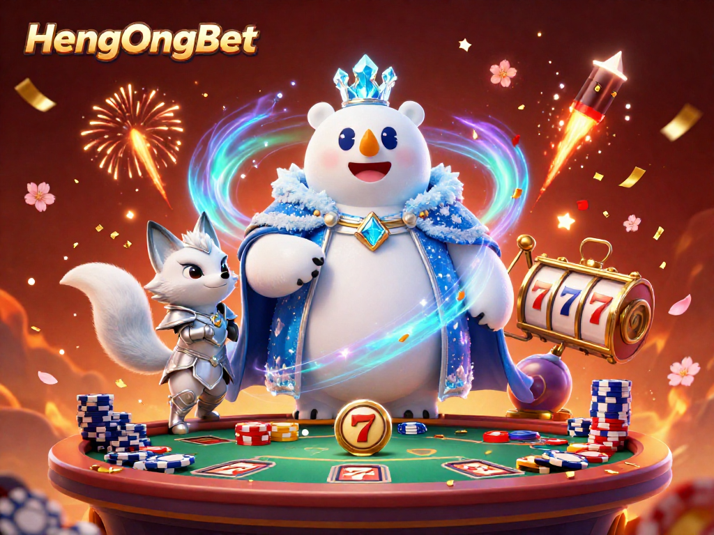 Experience the thrill of HengOngBet with 3D polar bear and fox in a vibrant, lively casino scene.