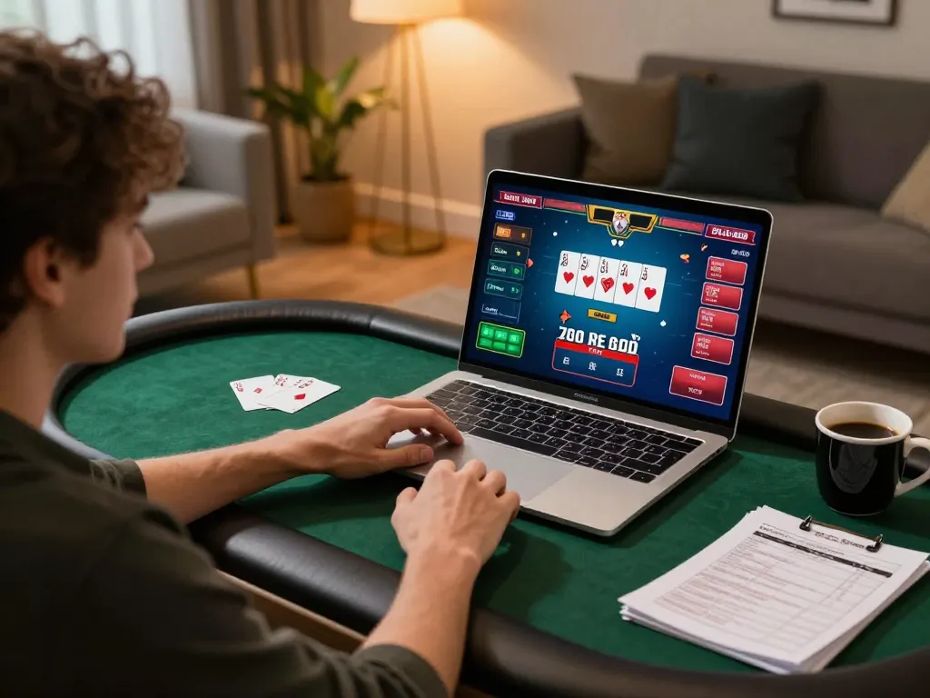 Player enjoying online poker at au88 with graphics on screen, showcasing a cozy gaming setup.