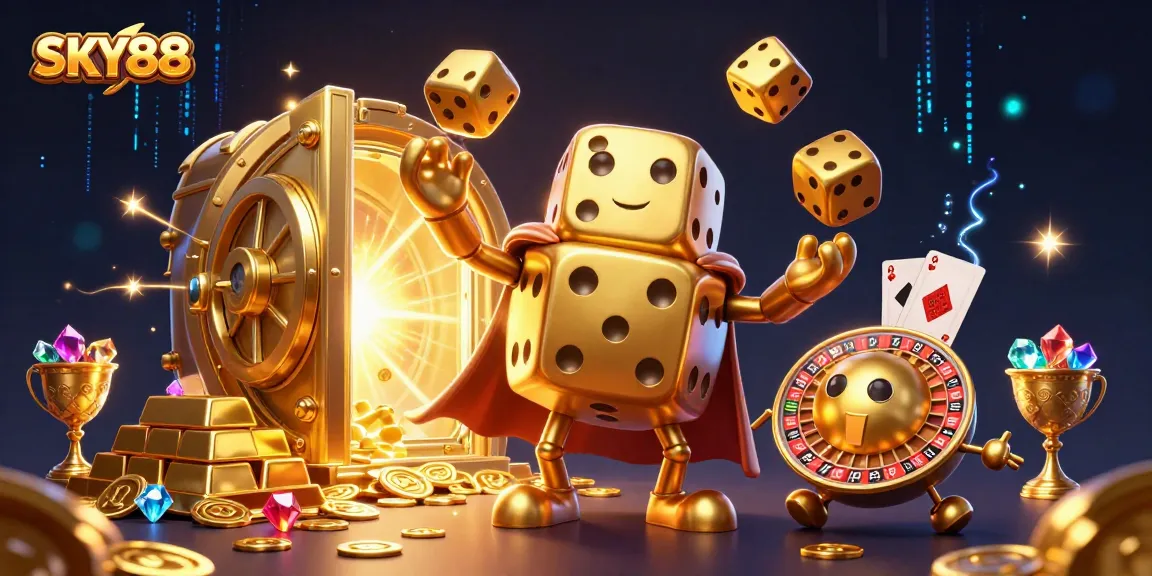 Engage with SKY88 in a vibrant casino scene featuring giant golden dice, sparkling gems, and rich treasures.