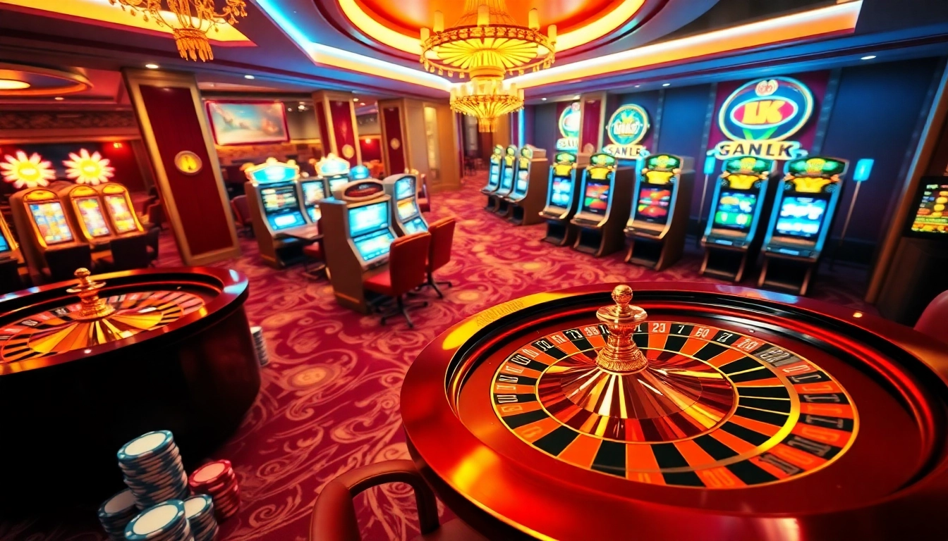 Exciting scene of a luxurious casino representing https://rr88c.org/ with roulette wheel and poker chips.