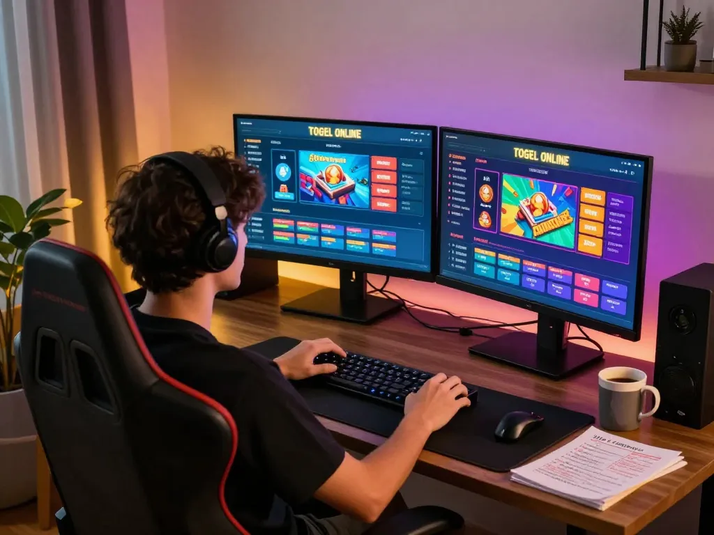 Engaging online gaming scene featuring togel online on dual screens in a stylish home setup.