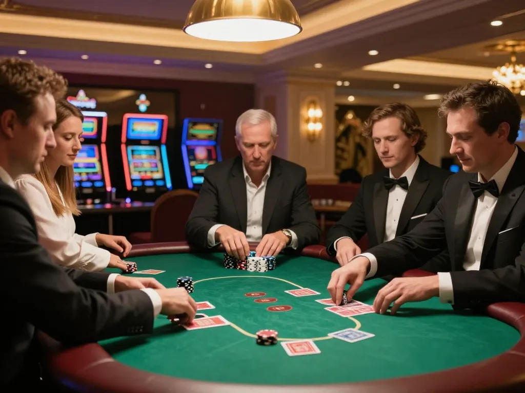 Engaged players at B52 poker table examining their cards and strategizing for winning moves.