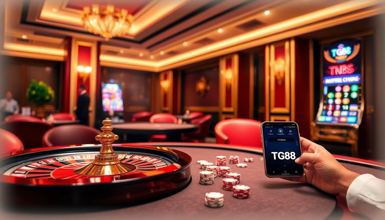 TG88 Casino experience showcasing roulette, poker chips, and a dynamic online gambling interface.