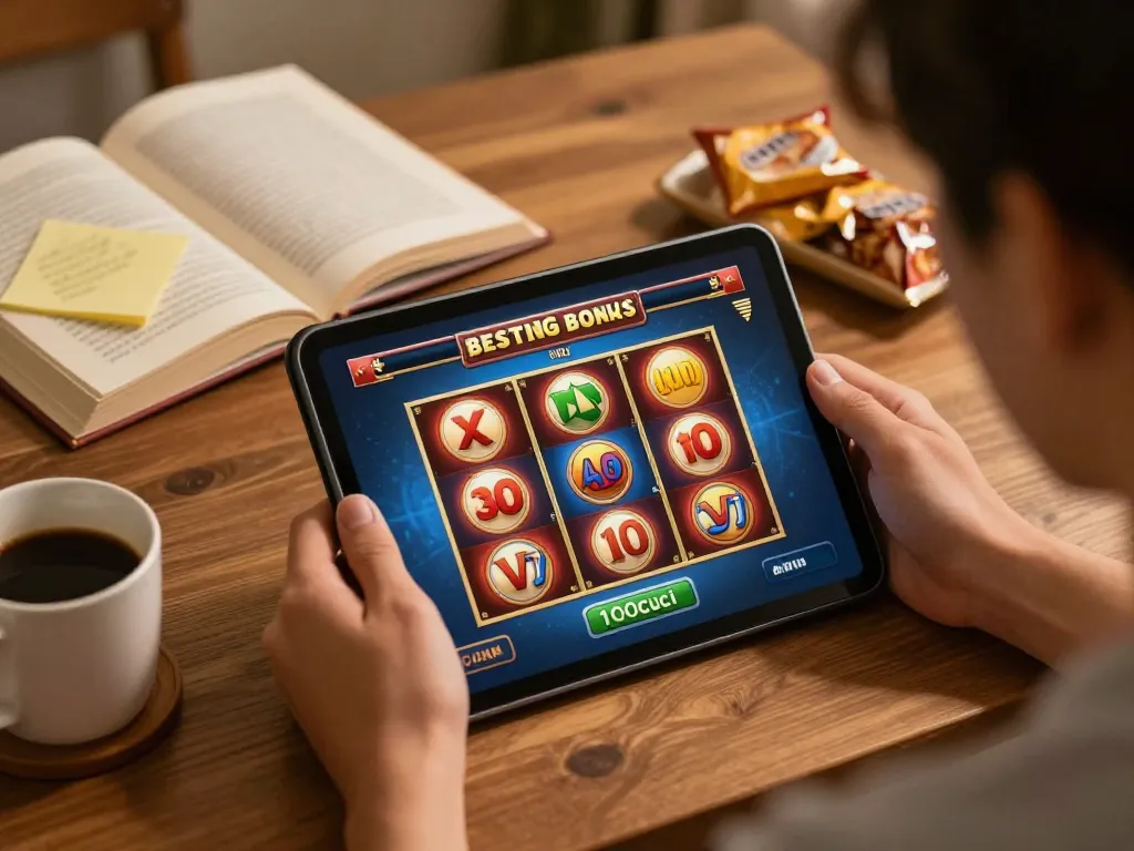 Menggunakan tablet di rumah dalam suasana selesa untuk menikmati bonus slot terbaik di 100cuci