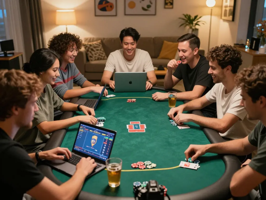 Experience thrilling poker gameplay with nk88, featuring friends strategizing in a cozy home setting
