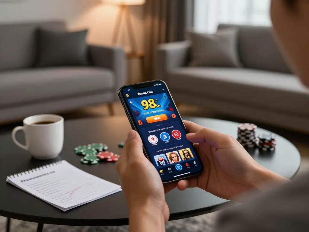 Engaging experience on the 98win trang chu app for mobile casino gaming in a cozy living room.