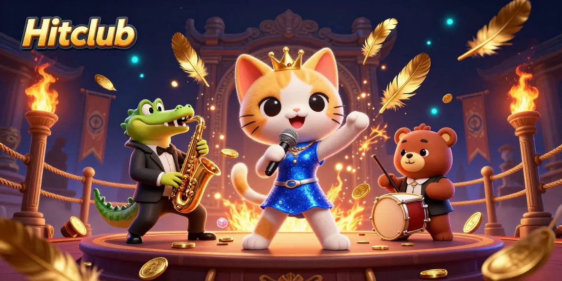 Hitclub's vibrant casino stage featuring a jazz-singer cat, saxophone croc, and bear drummer creating dynamic energy.