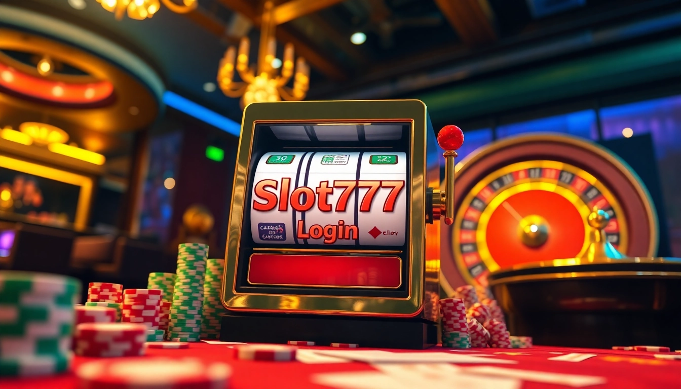 Experience the thrill of slot777 login at an elegant casino with vibrant slot machines and poker chips.
