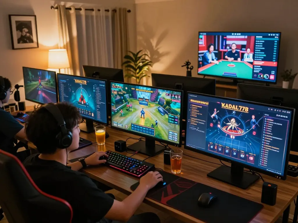KADAL778 online gaming session showcasing exciting gameplay with multiple screens in a cozy setting.
