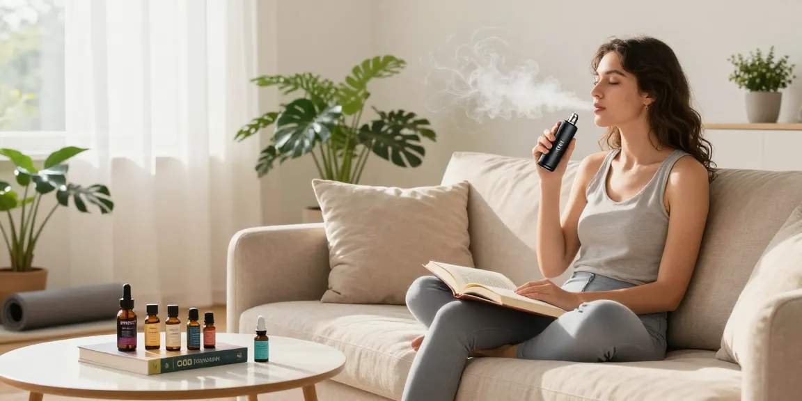 Fumot T9000 Pro Max Vape enriching a wellness routine alongside high-quality CBD oils and a relaxing atmosphere.
