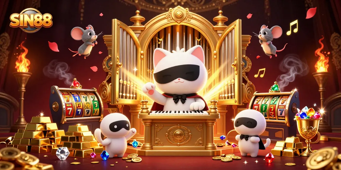 SIN88 showcases a lively casino scene with a cat at an organ and vibrant slot elements.