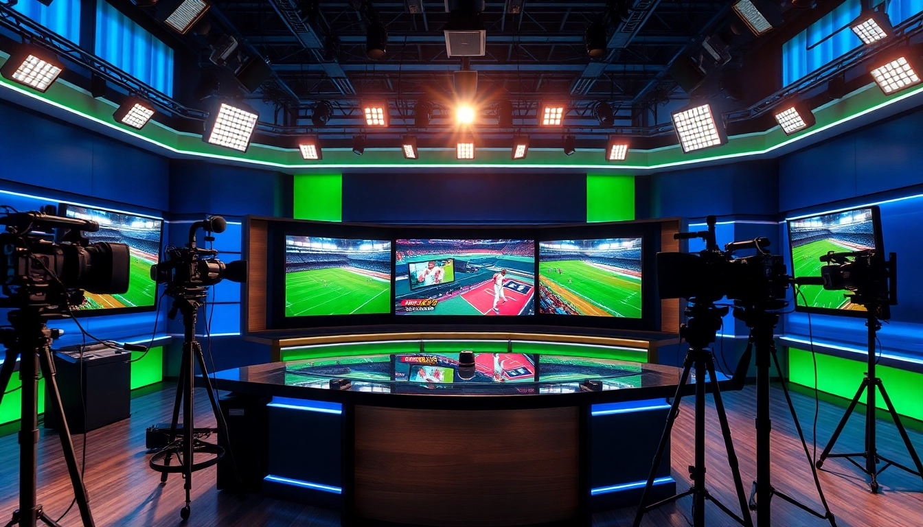 Engaging scene depicting Sports Broadcasting in a professional studio with energetic anchors and screens.