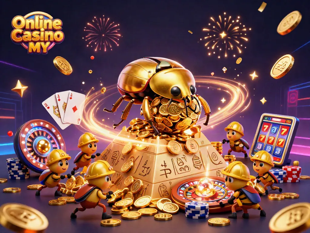 Engage with exciting action at Online Casino MY featuring festive cartoon beetles amidst sparkling casino gold.