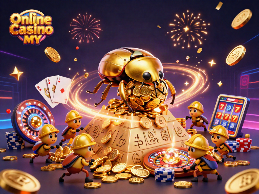 Engage with exciting action at Online Casino MY featuring festive cartoon beetles amidst sparkling casino gold.