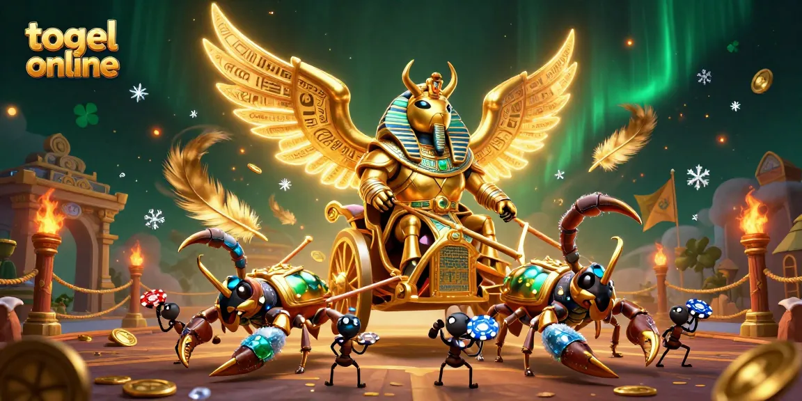 Experience the thrill of togel online with a vibrant 3D illustration featuring a colossal scarab and scorpions.