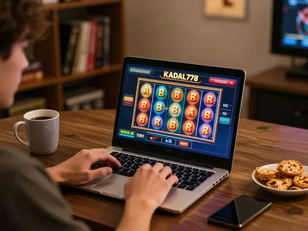 KADAL778 user engaged in online slot gaming with colorful reels in motion at home