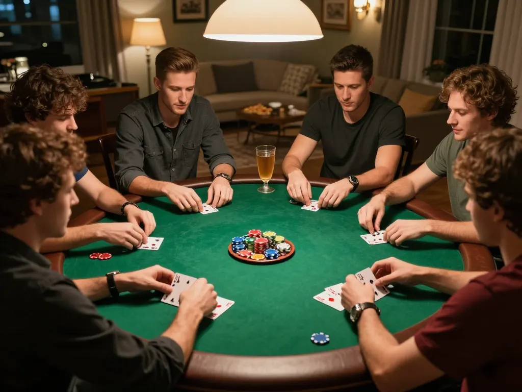 Players enjoy an engaging peri11 poker game night with friends, surrounded by colorful chips and warm lighting.