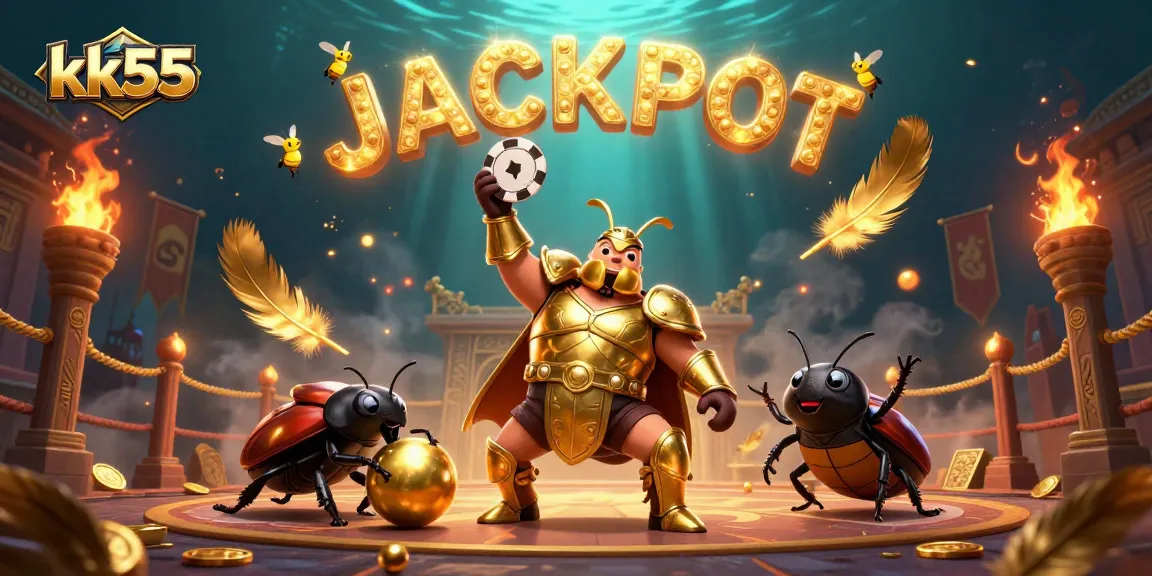 kk55 victory pose illustration featuring a beetle with poker chip and golden ball in a dynamic casino scene
