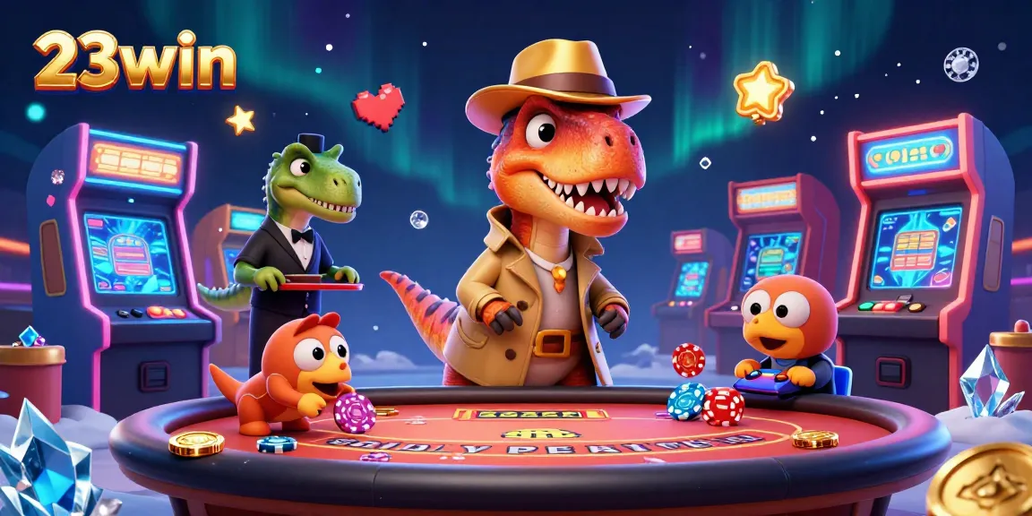 Experience exhilarating gameplay at 23win with a lively cartoon casino scene featuring unique characters.