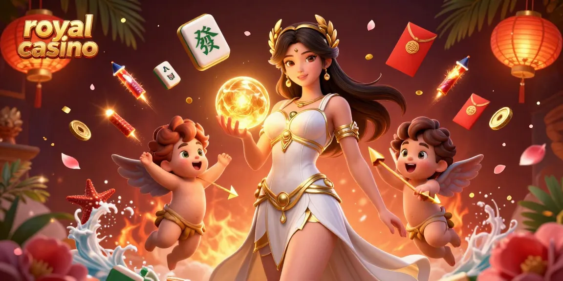 Experience royal casino thrills with a goddess and cherubs amidst shimmering game elements.